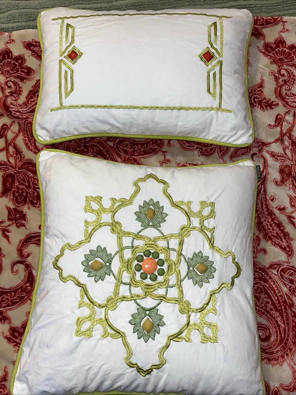 Echo White Decorative Pillow Set with Lime Green Embroidery and Orange Accents